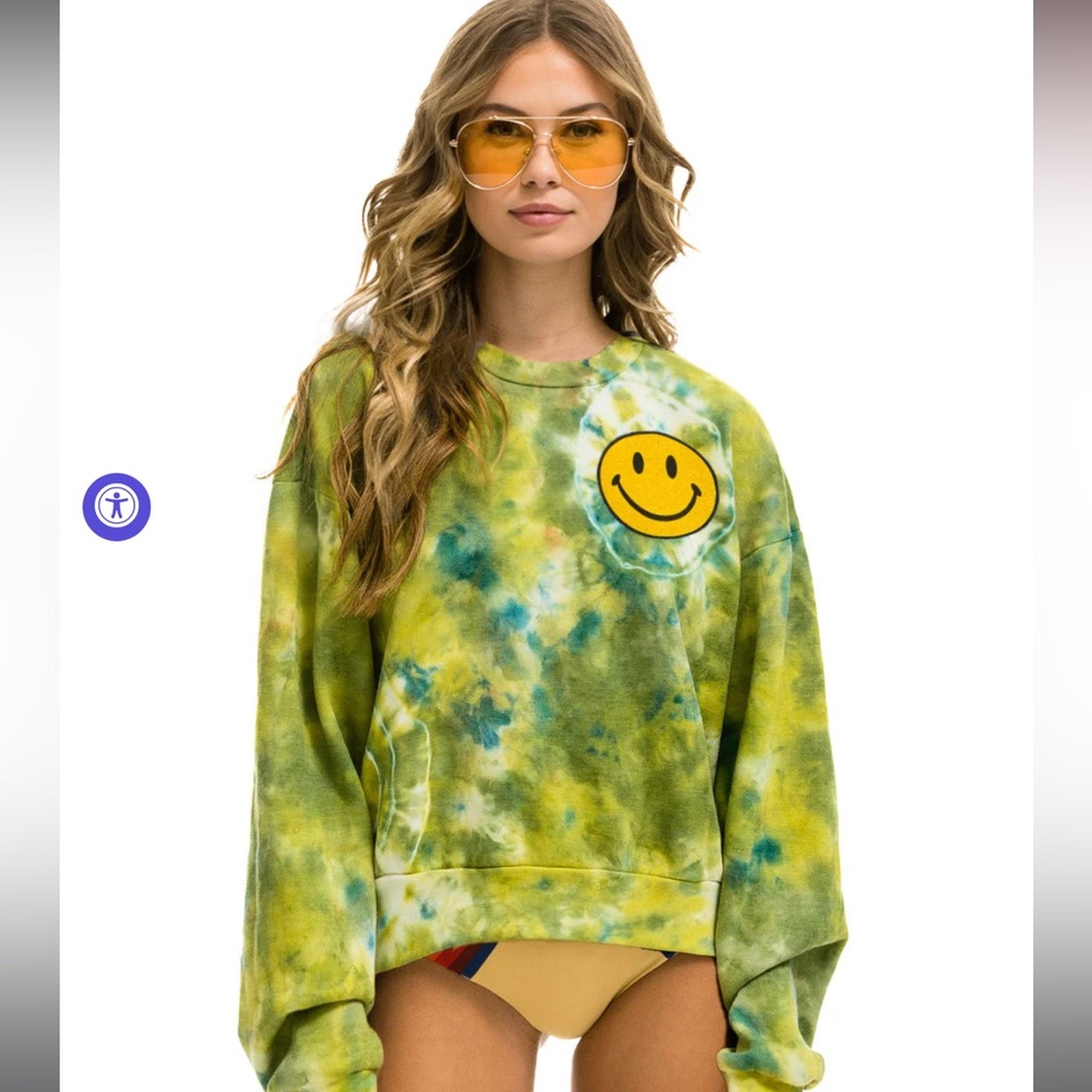 HAND DYED SMILEY 2 CREW SWEATSHIRT RELAXED - TIE DYE GREEN YELLOW AVIATOR NATION